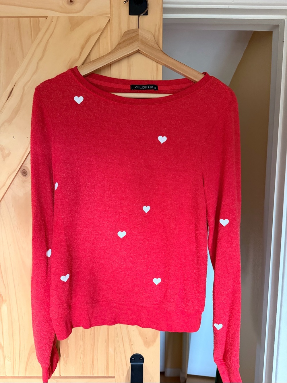 Wildfox Red Crewneck Sweater with White Heart Prints